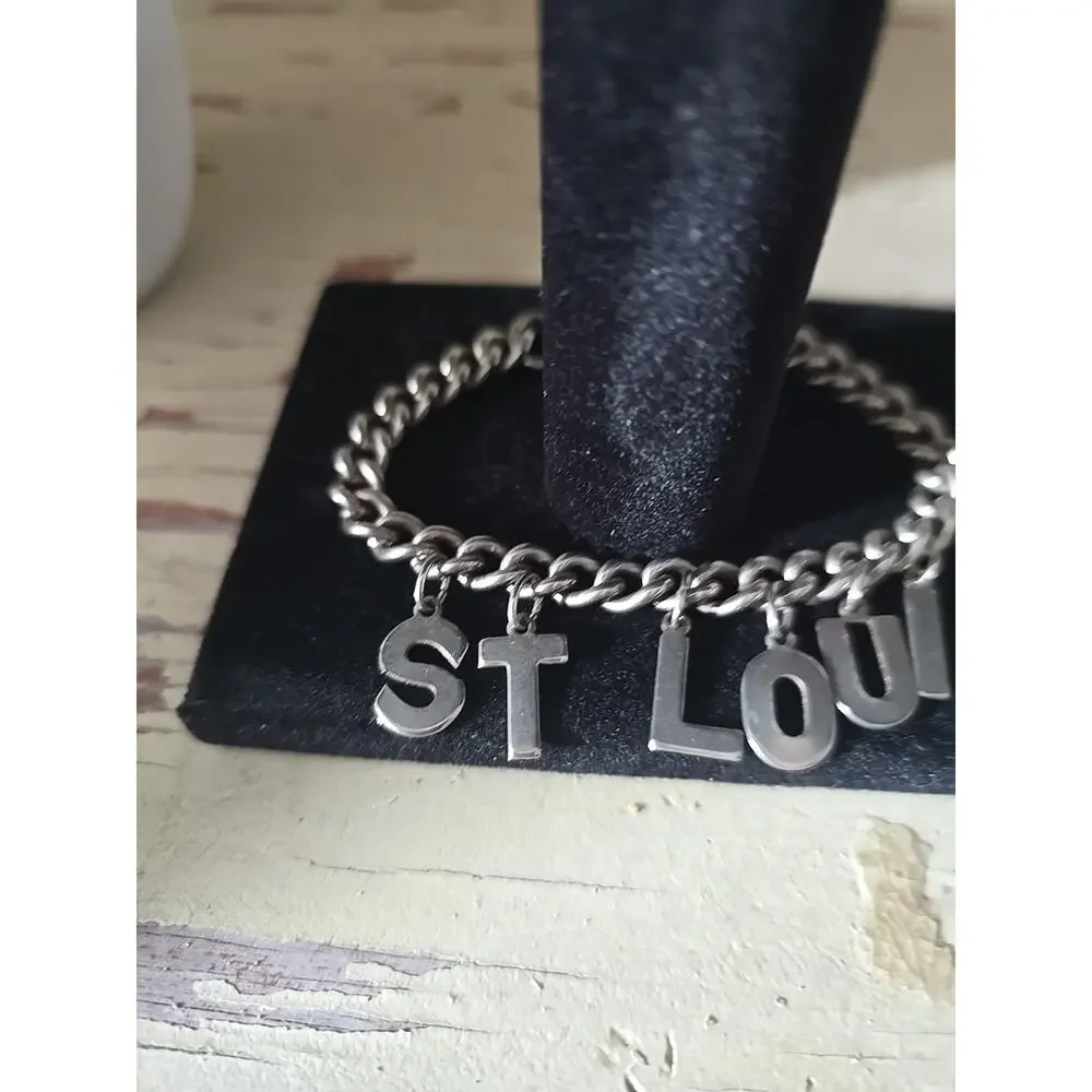 Vtg Silver Tone‎ ST LOUIS Letter Charm Costume Fashion Jewelry Chain Bracelet